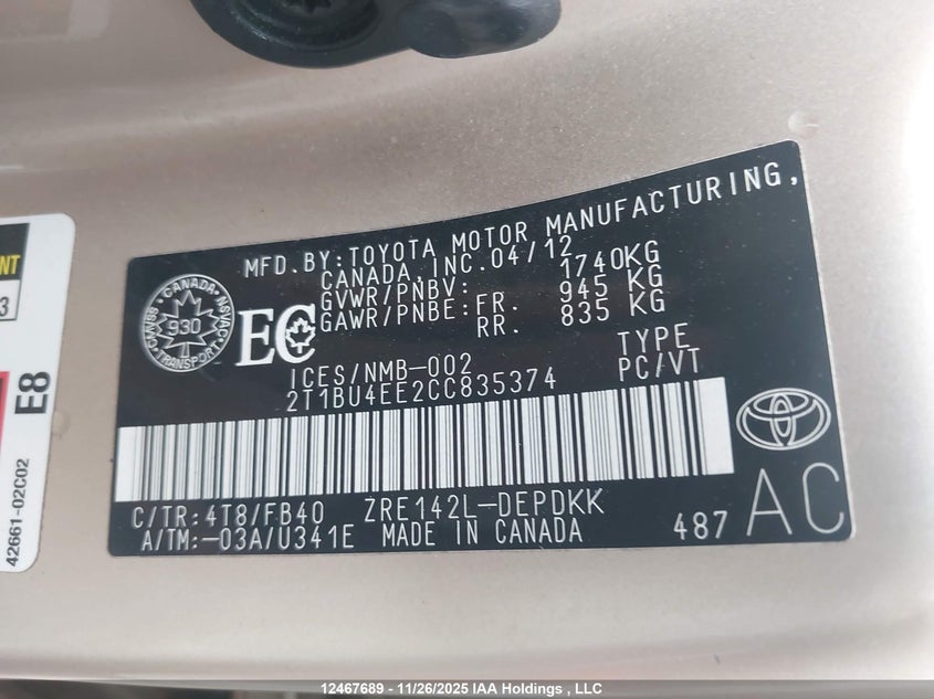 2T1BU4EE2CC835374 2012 TOYOTA COROLLA photo no. 9