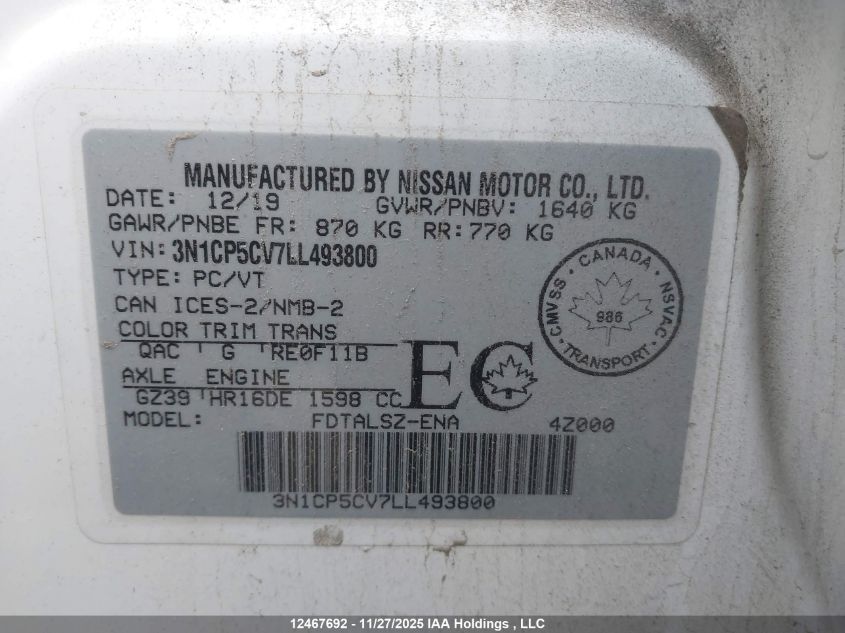 2020 Nissan Kicks Sv VIN: 3N1CP5CV7LL493800 Lot: 12467692