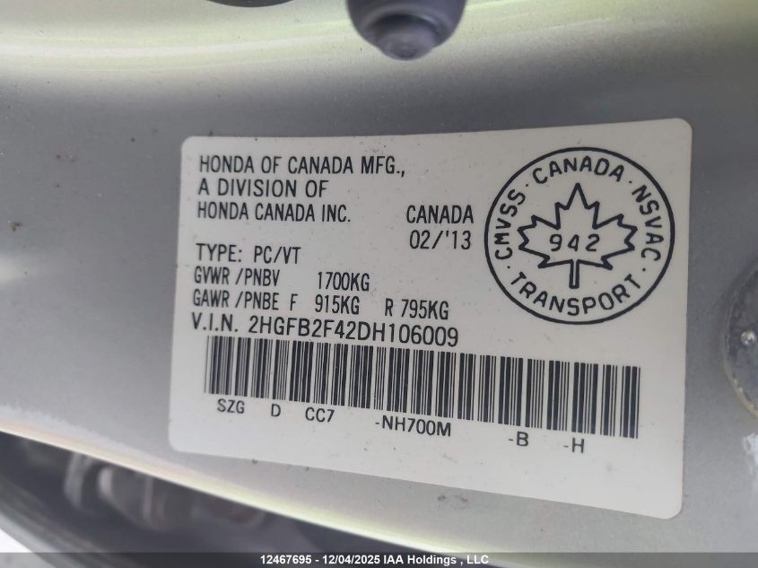 2013 Honda Civic Lx VIN: 2HGFB2F42DH106009 Lot: 12467695