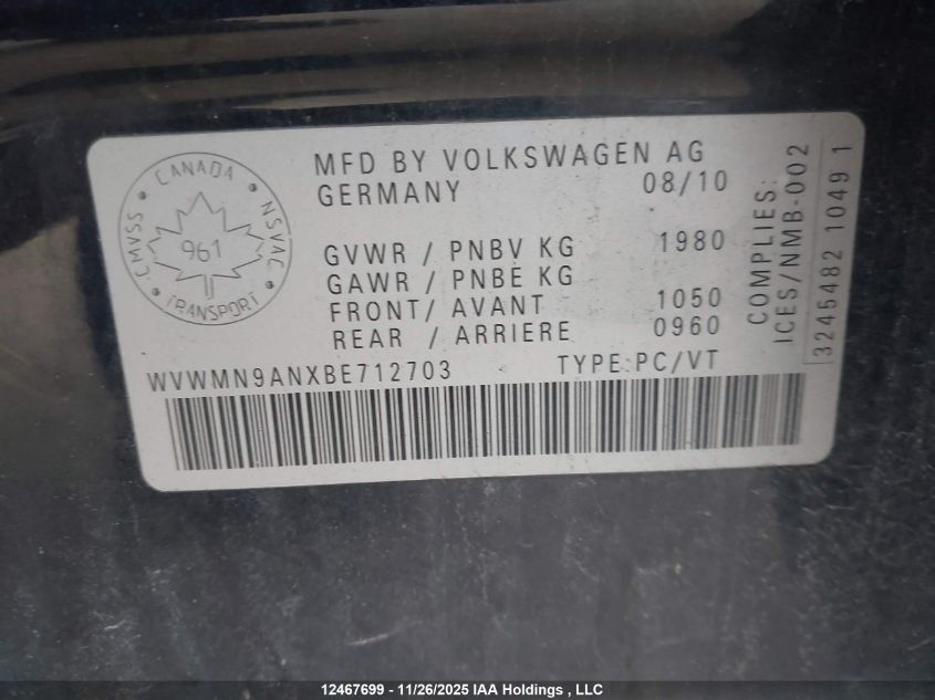 2011 Volkswagen Cc Sportline VIN: WVWMN9ANXBE712703 Lot: 12467699