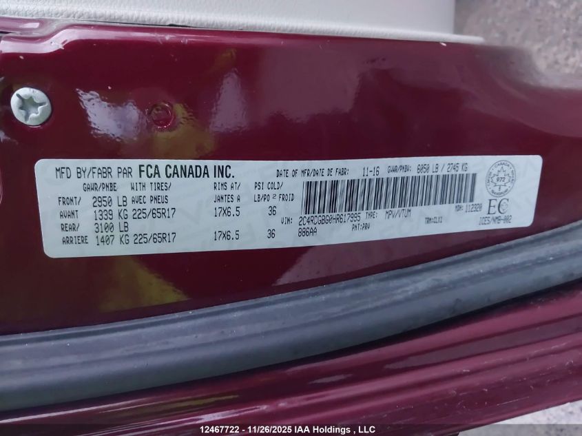 2017 Dodge Grand Caravan Se VIN: 2C4RDGBG0HR617995 Lot: 12467722