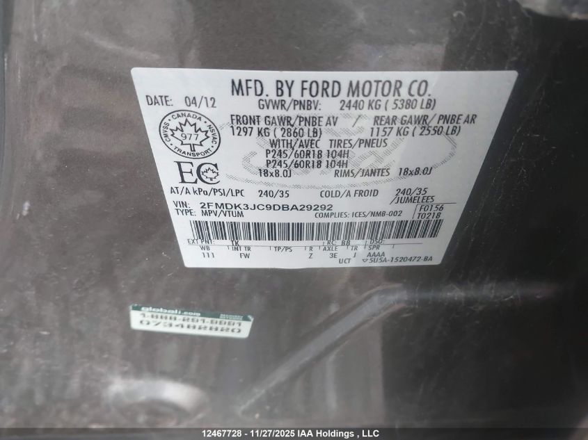 2013 Ford Edge Sel VIN: 2FMDK3JC9DBA29292 Lot: 12467728