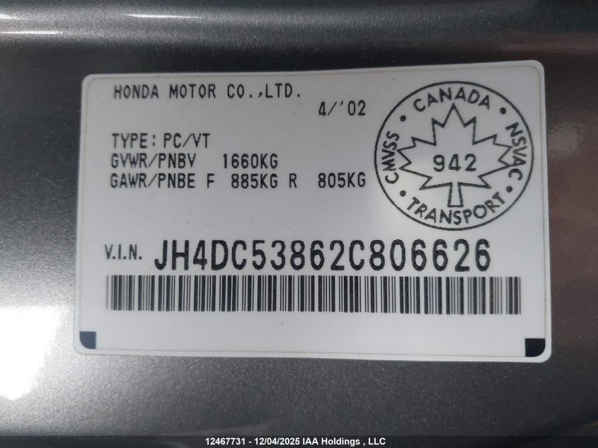 2002 Acura Rsx Premium VIN: JH4DC53862C806626 Lot: 12467731