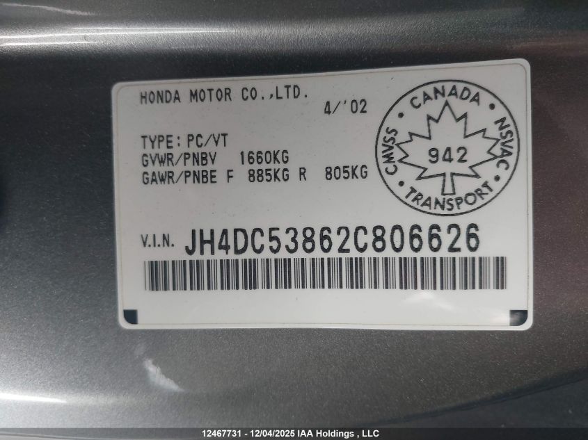 2002 Acura Rsx Premium VIN: JH4DC53862C806626 Lot: 12467731