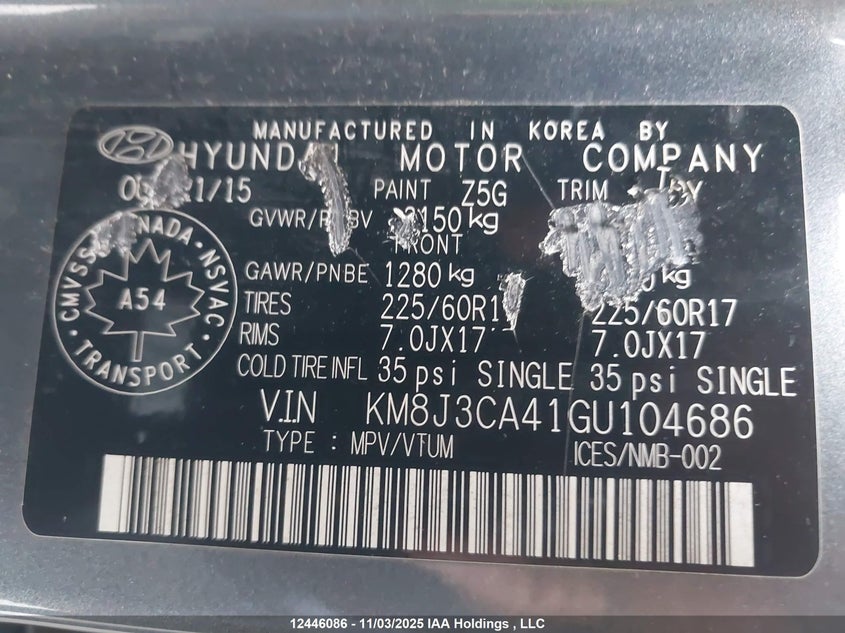 2016 Hyundai Tucson Premium VIN: KM8J3CA41GU104686 Lot: 12446086X