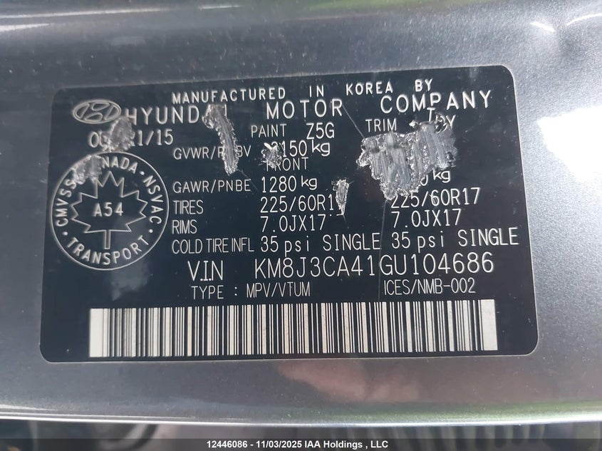 2016 Hyundai Tucson Premium VIN: KM8J3CA41GU104686 Lot: 12446086X
