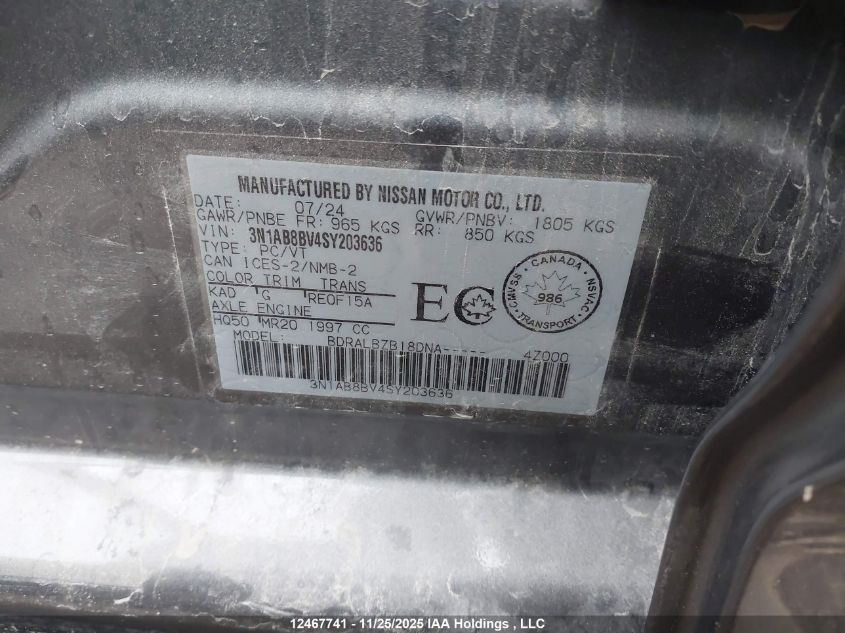 2025 Nissan Sentra S/S Plus VIN: 3N1AB8BV4SY203636 Lot: 12467741