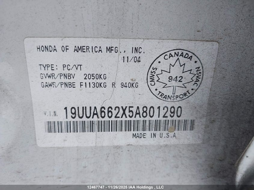 2005 Acura Tl VIN: 19UUA662X5A801290 Lot: 12467747