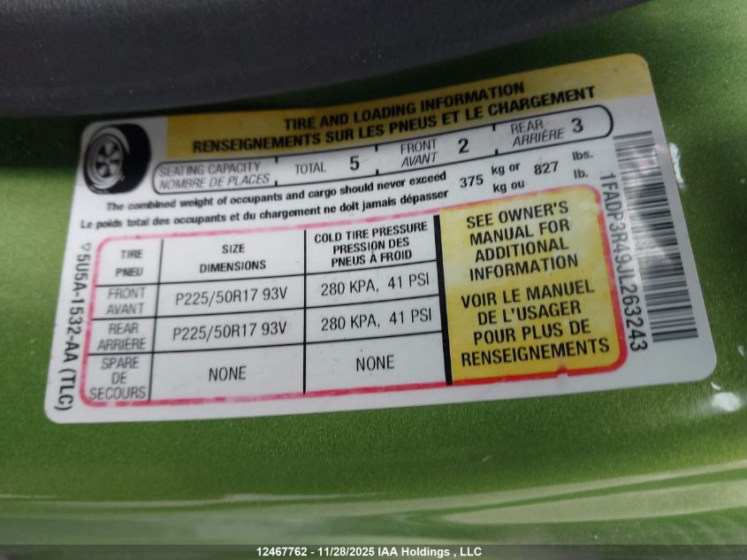 2018 Ford Focus Bev VIN: 1FADP3R49JL263243 Lot: 12467762