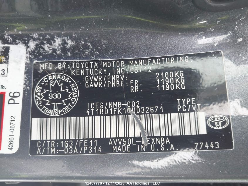 2012 Toyota Camry VIN: 4T1BD1FK1CU032671 Lot: 12467770