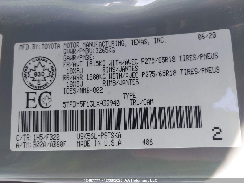 2020 Toyota Tundra VIN: 5TFDY5F13LX939940 Lot: 12467777