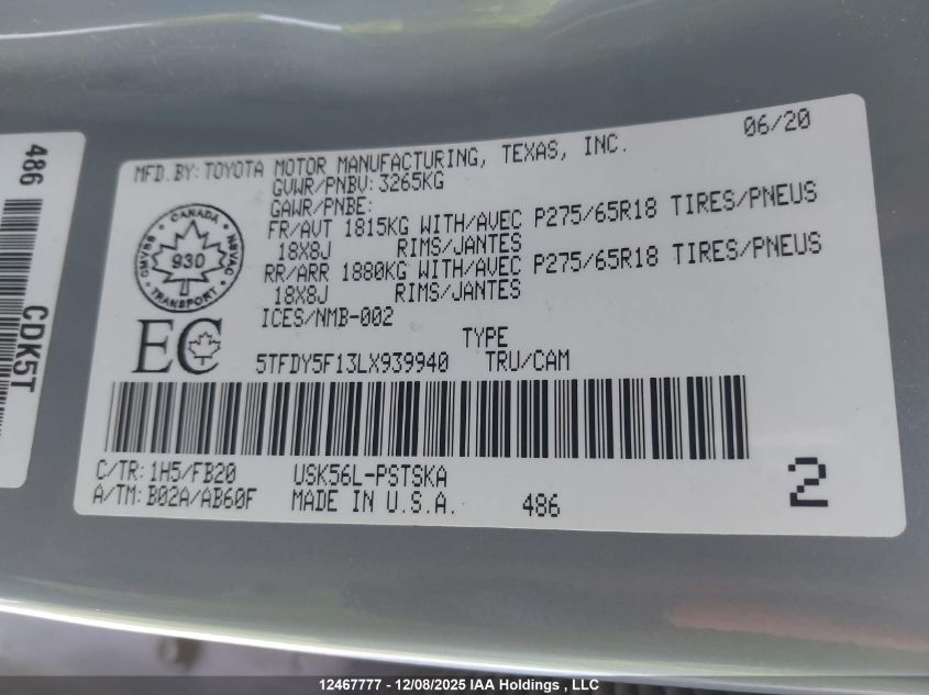 2020 Toyota Tundra VIN: 5TFDY5F13LX939940 Lot: 12467777