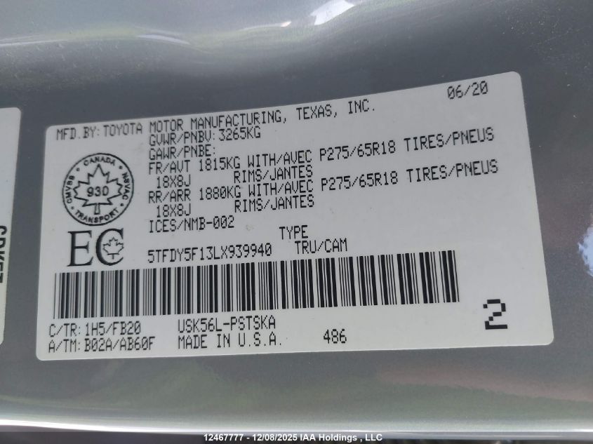 2020 Toyota Tundra VIN: 5TFDY5F13LX939940 Lot: 12467777