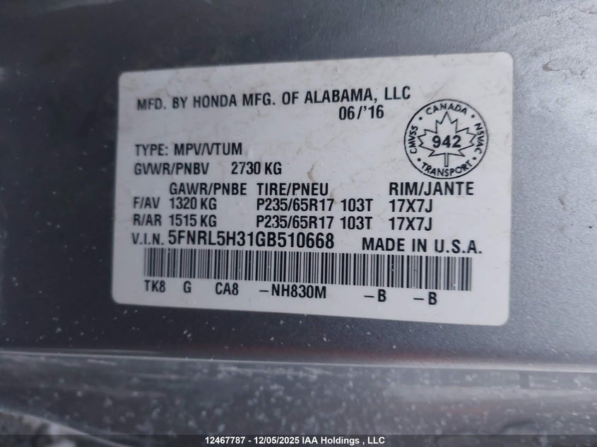 5FNRL5H31GB510668 2016 HONDA ODYSSEY photo no. 18