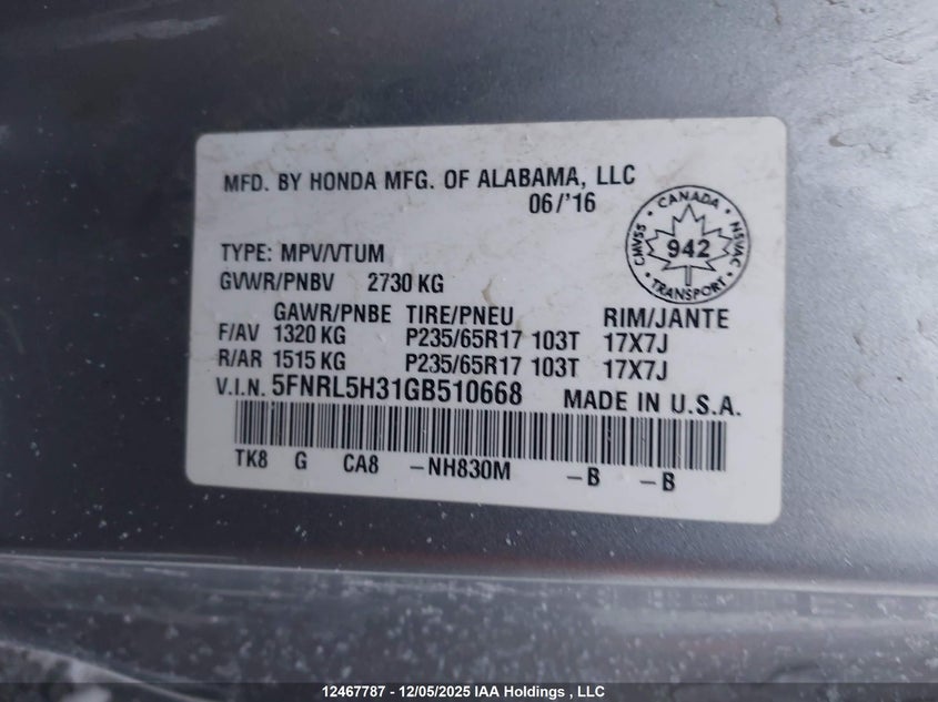 5FNRL5H31GB510668 2016 HONDA ODYSSEY photo no. 19
