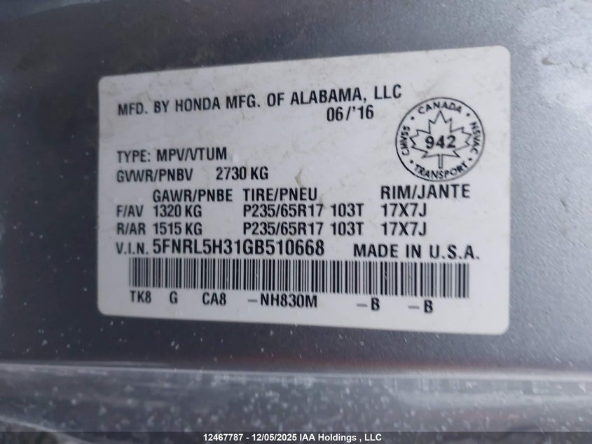 5FNRL5H31GB510668 2016 HONDA ODYSSEY photo no. 9