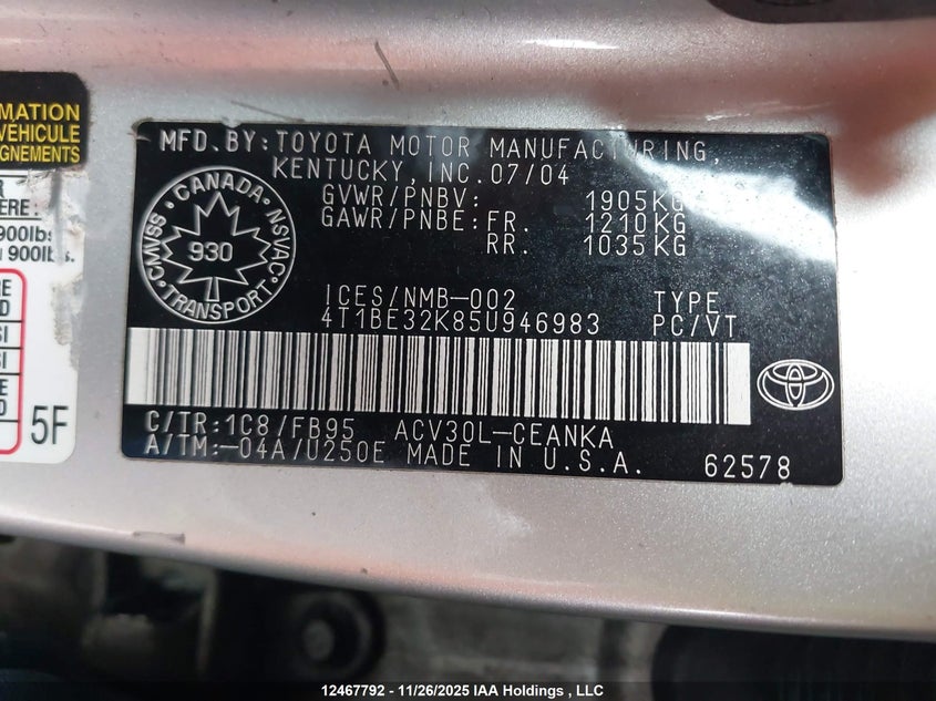 2005 Toyota Camry VIN: 4T1BE32K85U946983 Lot: 12467792