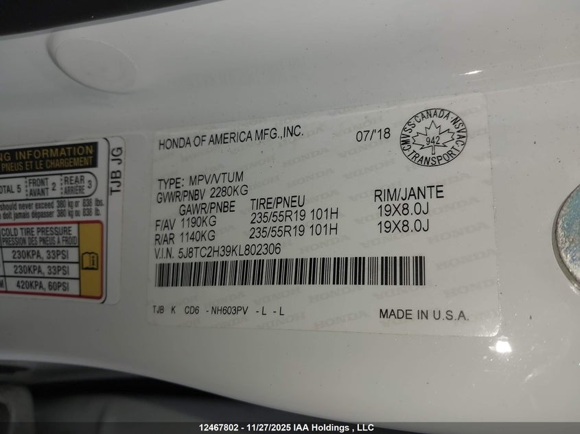 2019 Acura Rdx Tech VIN: 5J8TC2H39KL802306 Lot: 12467802