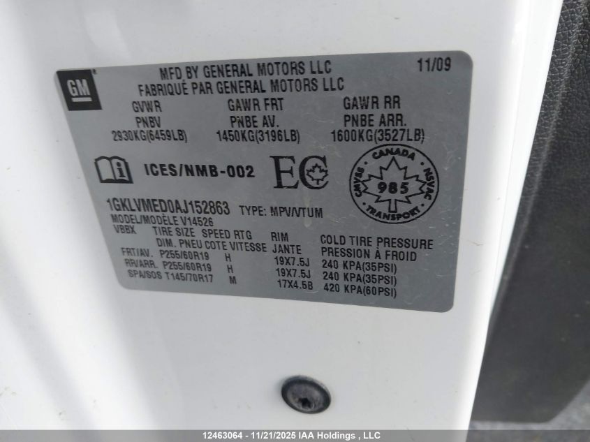 2010 GMC Acadia Slt VIN: 1GKLVMED0AJ152863 Lot: 12463064X