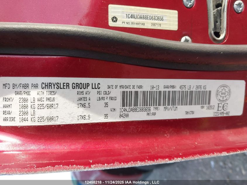 2014 Jeep Compass Sport/North VIN: 1C4NJDAB8ED683656 Lot: 12458218X