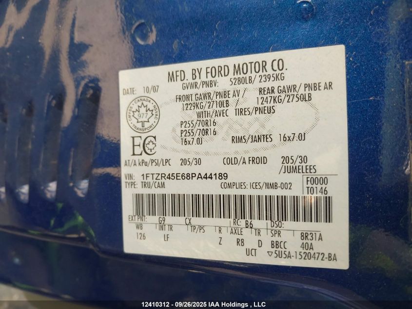 2008 Ford Ranger Fx4 VIN: 1FTZR45E68PA44189 Lot: 12410312X