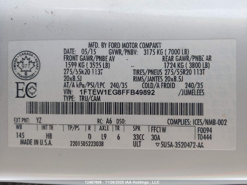 2015 Ford F150 Supercrew VIN: 1FTEW1EG8FFB49892 Lot: 12467809