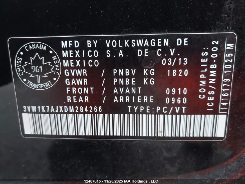 2013 Volkswagen Jetta 2.0L Trendline/2.0L Trendline+ VIN: 3VW1K7AJXDM284266 Lot: 12467815