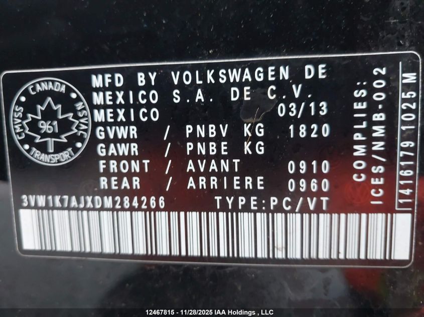 2013 Volkswagen Jetta 2.0L Trendline/2.0L Trendline+ VIN: 3VW1K7AJXDM284266 Lot: 12467815