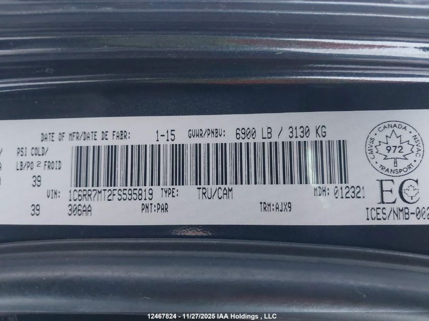 2015 Ram 1500 Sport VIN: 1C6RR7MT2FS595819 Lot: 12467824