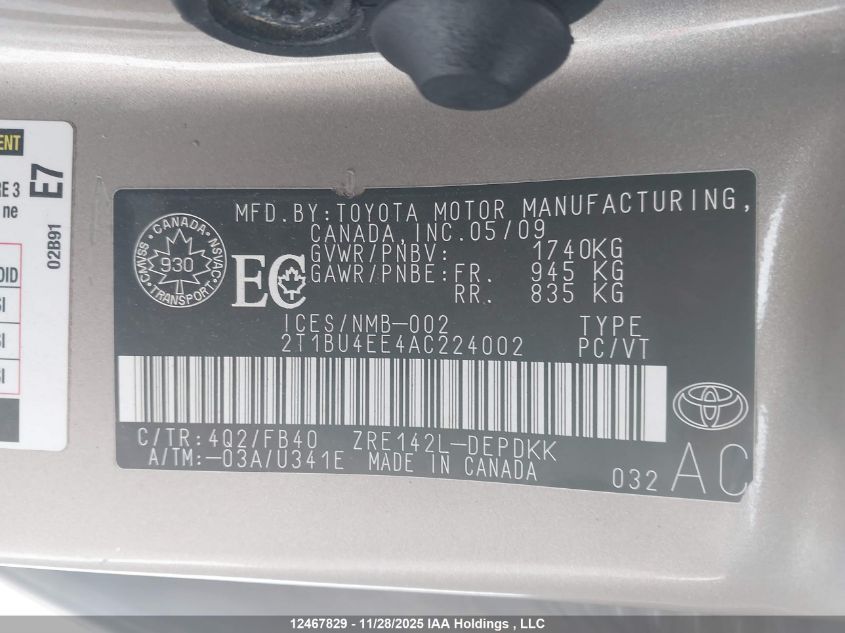 2010 Toyota Corolla Ce VIN: 2T1BU4EE4AC224002 Lot: 12467829