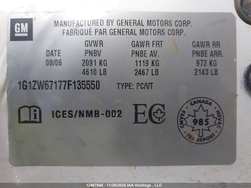 2007 Chevrolet Malibu Maxx Ss VIN: 1G1ZW67177F135550 Lot: 12467845