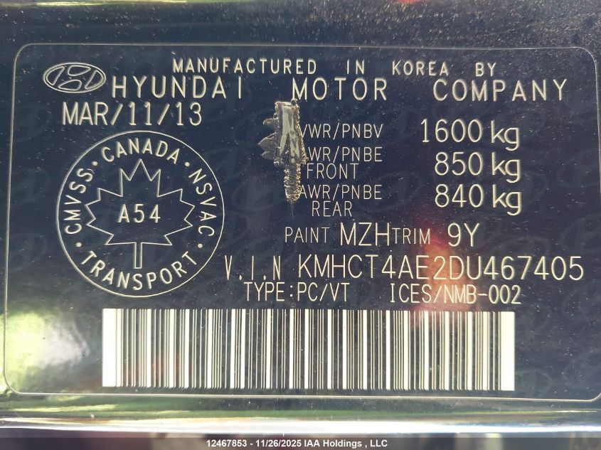 2013 Hyundai Accent Gl VIN: KMHCT4AE2DU467405 Lot: 12467853