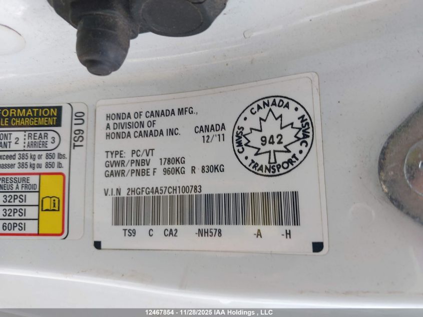 2012 Honda Civic Si Si VIN: 2HGFG4A57CH100783 Lot: 12467854