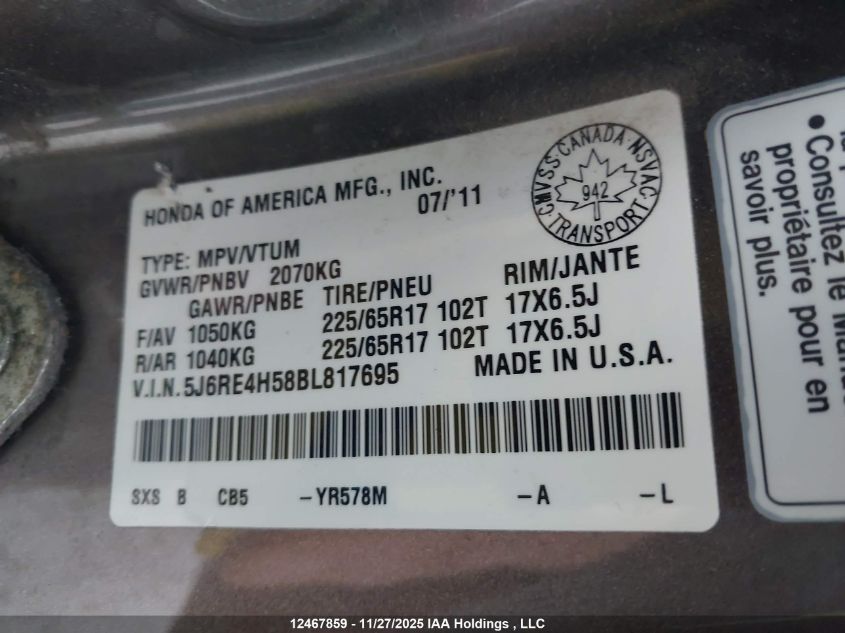 2011 Honda Cr-V Ex VIN: 5J6RE4H58BL817695 Lot: 12467859