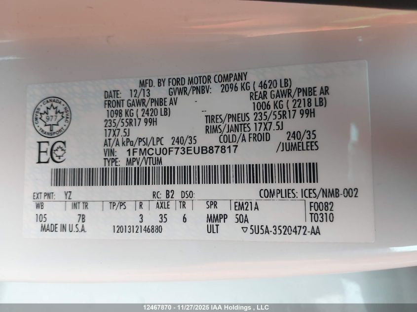 2014 Ford Escape S VIN: 1FMCU0F73EUB87817 Lot: 12467870