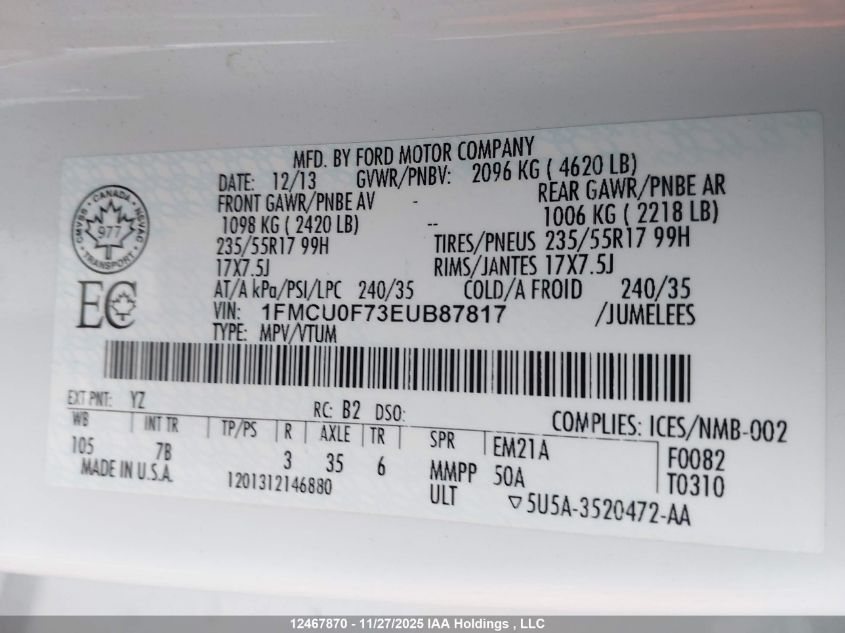 2014 Ford Escape S VIN: 1FMCU0F73EUB87817 Lot: 12467870