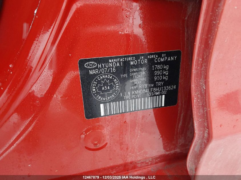 2017 Hyundai Elantra Gl VIN: KMHD84LF8HU133624 Lot: 12467879