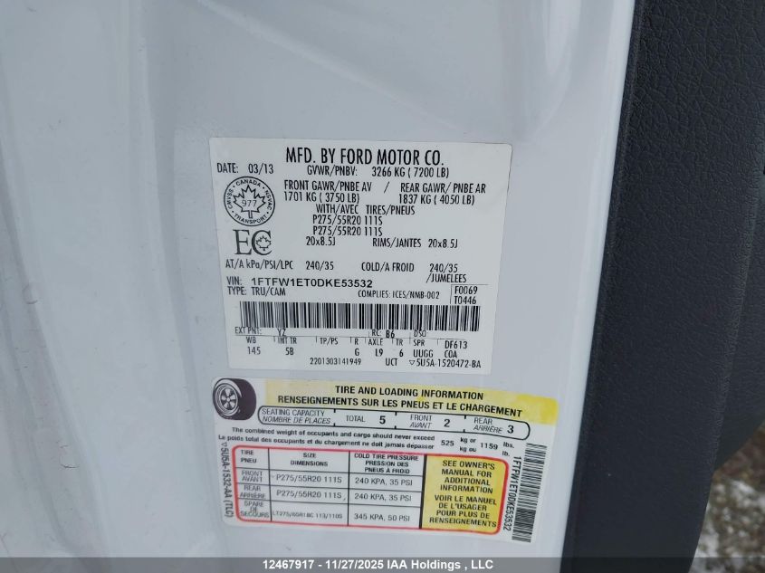 2013 Ford F-150 Fx4 VIN: 1FTFW1ET0DKE53532 Lot: 12467917