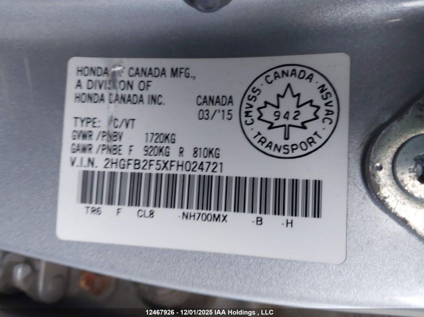 2015 Honda Civic Ex VIN: 2HGFB2F5XFH024721 Lot: 12467926