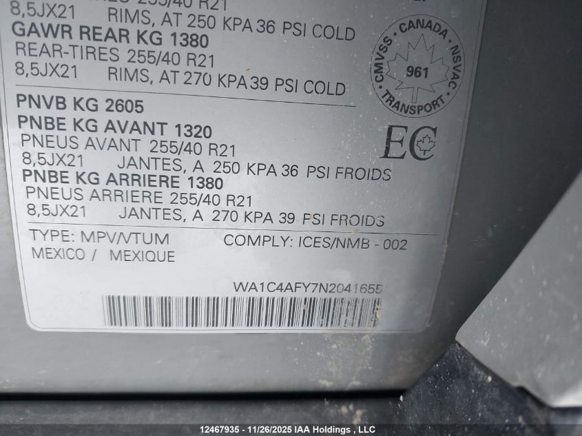 2022 Audi Sq5 Prestige VIN: WA1C4AFY7N2041655 Lot: 12467935