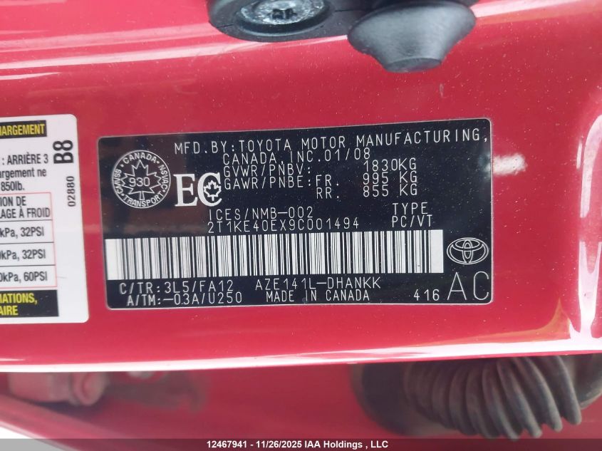 2009 Toyota Corolla Matrix S VIN: 2T1KE40EX9C001494 Lot: 12467941