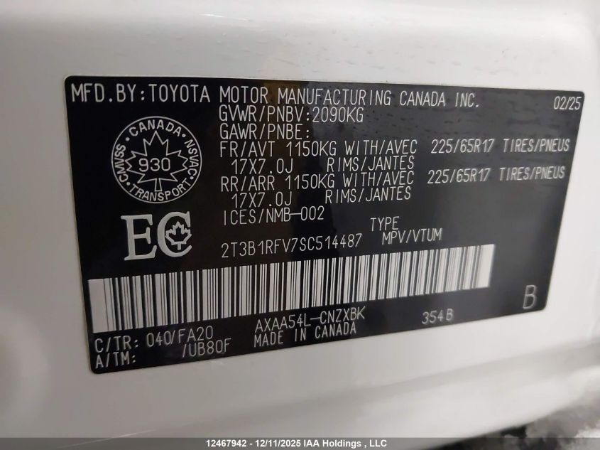 2025 Toyota Rav4 Le VIN: 2T3B1RFV7SC514487 Lot: 12467942