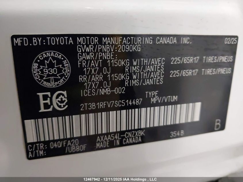 2025 Toyota Rav4 Le VIN: 2T3B1RFV7SC514487 Lot: 12467942