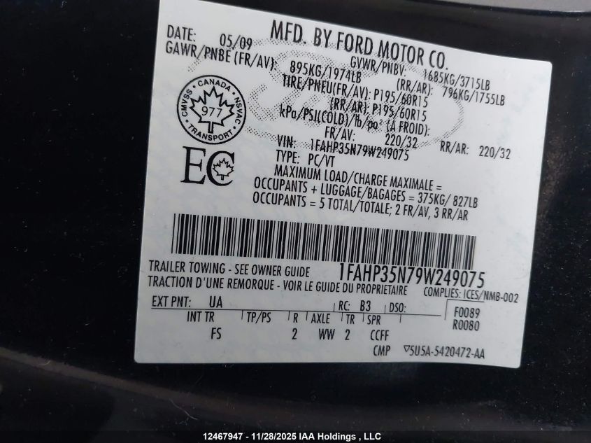 2009 Ford Focus Se VIN: 1FAHP35N79W249075 Lot: 12467947