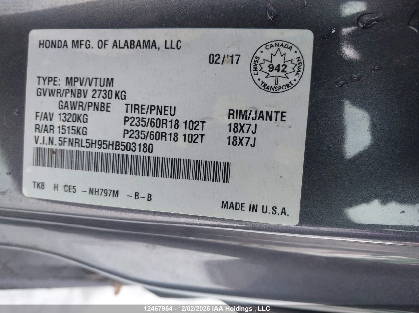 2017 Honda Odyssey Touring/Touring Elite VIN: 5FNRL5H95HB503180 Lot: 12467954