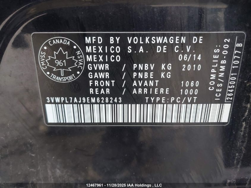 2014 Volkswagen Golf Tdi VIN: 3VWPL7AJ9EM628243 Lot: 12467961