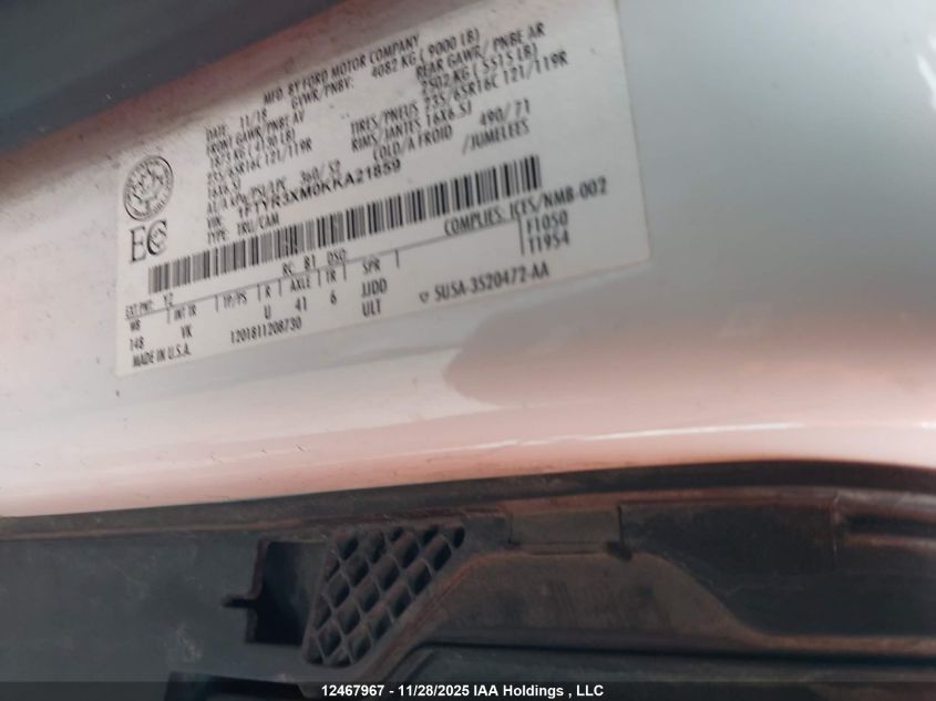 2019 Ford Transit-250 VIN: 1FTYR3XM0KKA21859 Lot: 12467967