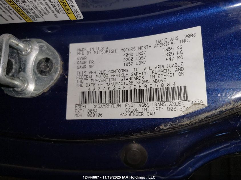 2009 Mitsubishi Eclipse Gs VIN: 4A3AK24F29E025004 Lot: 12444667X