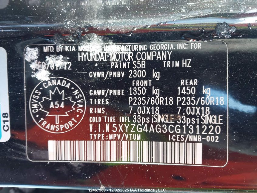 2012 Hyundai Santa Fe VIN: 5XYZG4AG3CG131220 Lot: 12467989