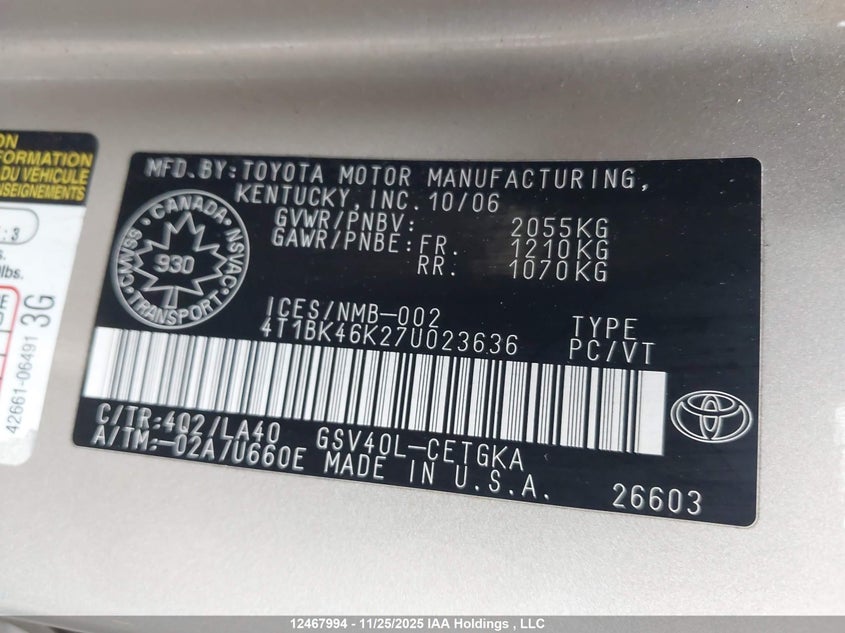 2007 Toyota Camry Le V6/Se V6/Xle V6 VIN: 4T1BK46K27U023636 Lot: 12467994